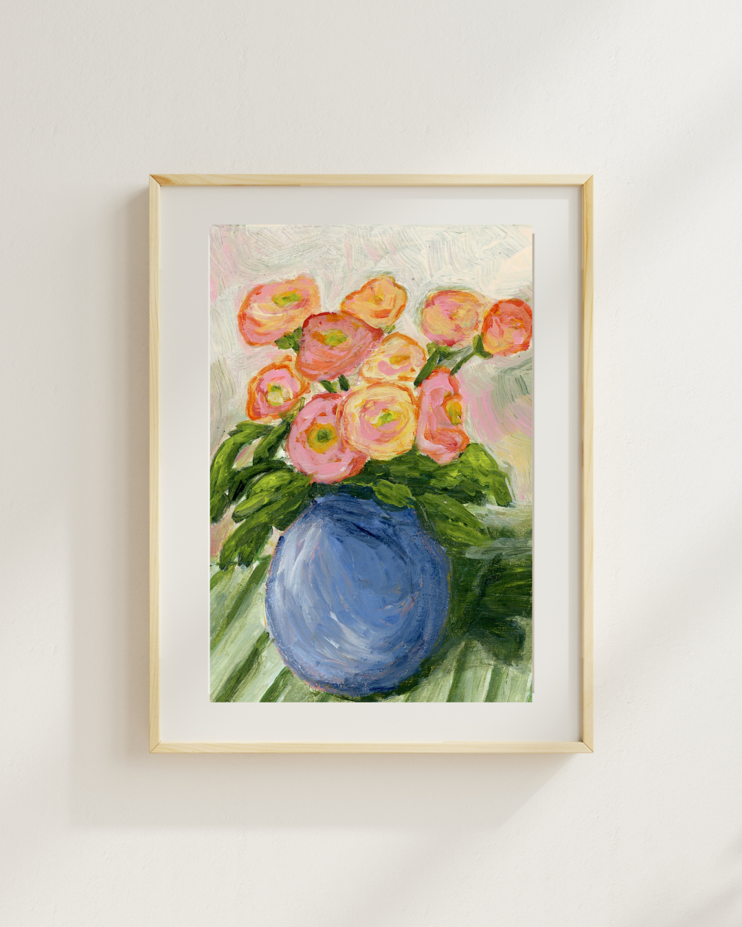 Pink and Orange framed art print displayed on a light wall